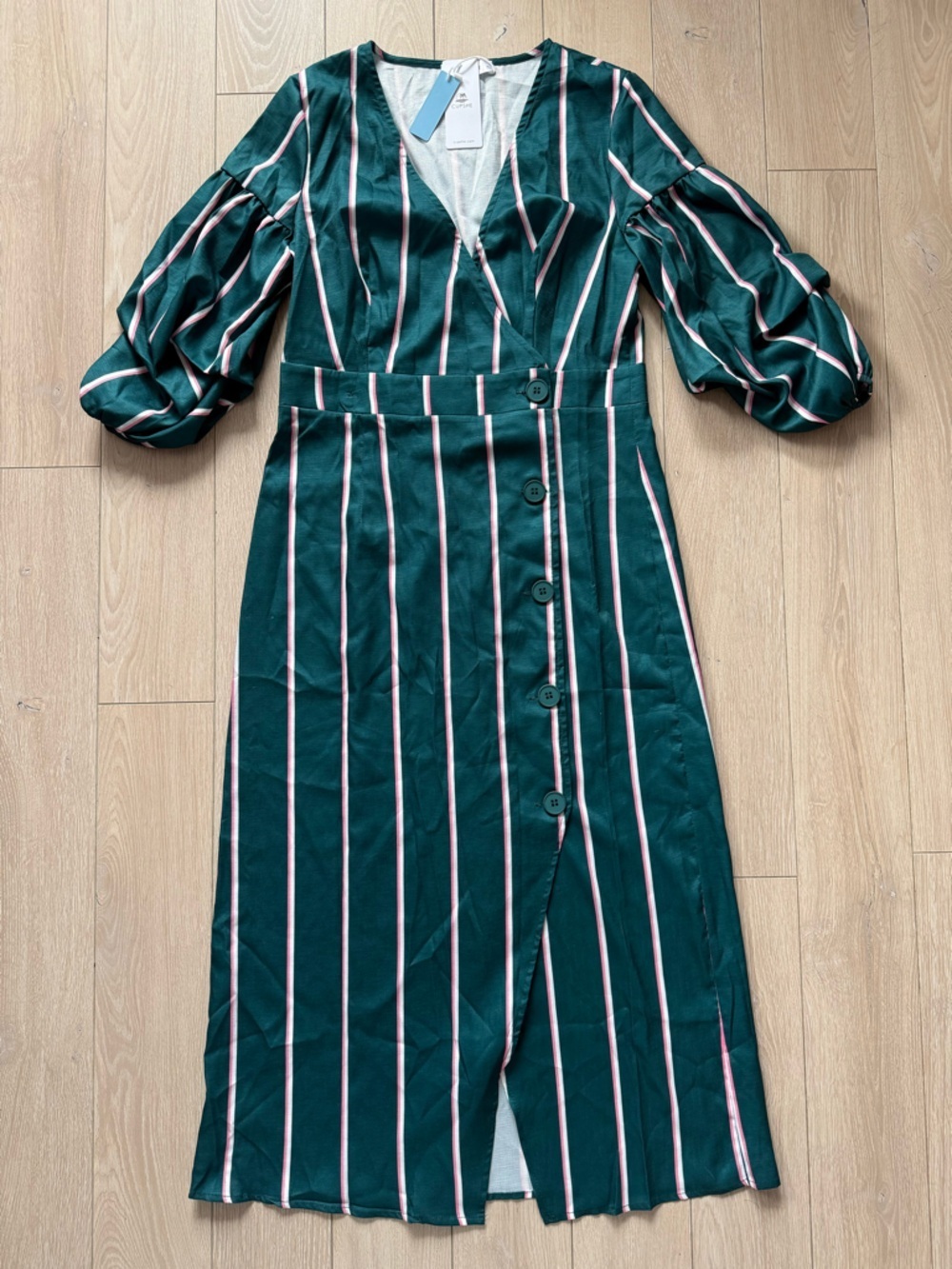NWT Cupshe Pinstriped Puff-Sleeve Midi Dress in Green & Pink Women’s Size Large - Picture 3 of 13